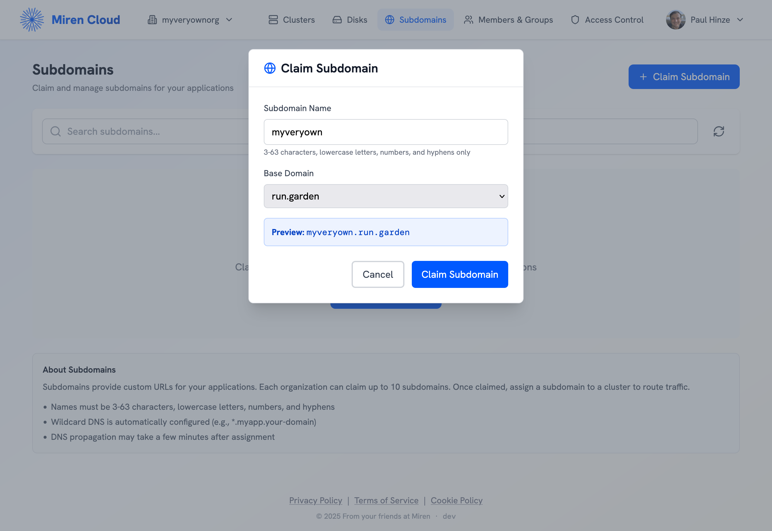 Claim subdomain dialog